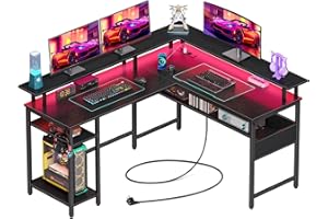 Rolanstar Gaming Desk L Shape with LED & Sockets, Gaming Table with Monitor Stand & Storage Area, Corner Desk with 2 Hooks, Reversible Computer Desk Large for Office (Black, 137 x 108 cm)