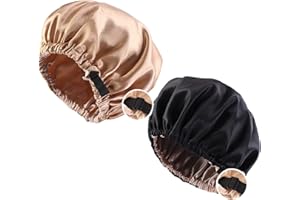 JUIMTIEN 2 pcs Satin Schlafhaube Haar Mütze Mädchen Seidenmütze,Damen Lange Satin Mütze Schlafhaube Extra Große Satin Haarhaube Doppellagig Verstellbare schlafhaube haare schützen（schwarz+Khaki）