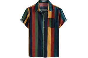 LucMatton Men's Cotton Linen Traditional Pattern Print Short Sleeve Button Down Hawaiian Shirts