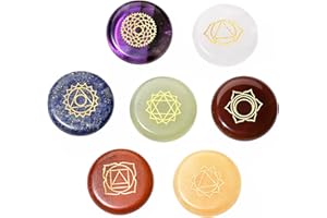 Morella Set di 7 Pietre Chakra Incise, Collezione con Ametista, Cristallo di Rocca, Lapislazzuli, Diaspro Rosso, Avventurina, Giada Gialla, Agata Rossa
