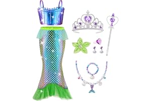 AOOWU Sjöjungfru flicka kostym, 9 st kostym flicka prinsessklänning sjöjungfru flicka med toppar, kjolar, syrhalsband örhänge