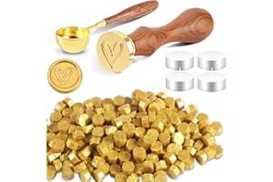 Foonii 200 Stück Siegelwachs Perlen Set Wachssiegel Stempel mit 1 Siegelstempel, 1 Schmelzlöffel, 4 Teelichte | Siegellack Perlen Set für Umschlag/Einladungen/Karten/Geschenk (Herz,Gold)