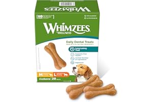 WHIMZEES Kości Ryżowe, gryzaki dentystyczne dla dużych psów, przysmak dla psów do pielęgnacji zębów, rozmiar M/L, 20 sztuk, 360 g, bez dodatku cukru, bezglutenowe, naturalne, niskotłuszczowe