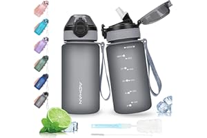 AOHAN Butelka na wodę 600 ml z szczelną pokrywką z klapką, sportowa butelka na napoje ze słomką, nadaje się do mycia w zmywarce, nietoksyczny dzbanek na wodę z paskiem do noszenia