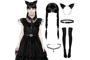 Alaiyaky Wednesday Costume Set, Carnival Costume Women Girls Wednesday Dress with Wig, Wednesday Outfits Black Evening Dress for Carnival Halloween Theme Party