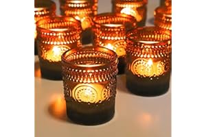 Vohocandle 12pcs Brown Tea Light Candle Holders Sunflower Embossed, Boho Tealight Holders for Party Decorations, Room Decor, Vintage Glass Candle Holder for Wedding(5.5cm*6.5cm, W/H)