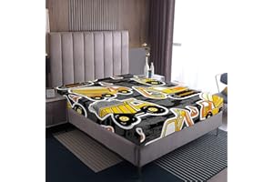 HOMEWISH Jungen Bagger Spannbettlaken, Traktor LKW Bettwäsche-Sets Für Kinder Kind Mädchen Teens Schlafzimmer, Baufahrzeug Kran Spannbettlaken Blender Graue Wand Karikatur Spannbettlaken, Grau Gelb, 90x200