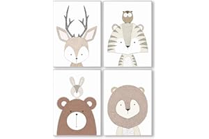 Pandawal Bilder Kinderzimmer Babyzimmer Waldtiere Deko grau Poster Set 4er Tiere für Kinder Junge I Mädchen DIN A4 (S7)
