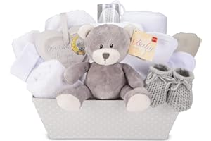 BABY BOX SHOP Zestaw prezentowy dla niemowląt unisex – szary kosz z owinięciem polaru, ręcznik z kapturem, ubrania dla niemowląt, 2 chusteczki muślinowe i ładny brązowy miś