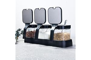 Tuzsocr Set of 3 Heat-resistant Glass Seasoning Jar,Flip Lid Seasoning Box with Stainless Steel Spoon Seasoning Box for Spices, Seasoning, Seeds, Grains, Sugar and Salt.
