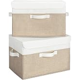 GRANNY SAYS Storage Boxes with Lids, 40 x 26 x 10 cm, White and Khaki | Pack of 2 Storage Boxes Clothes for Shelves, Fabric B