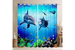 ZZTBQ Meerestiere Delphin Blickdichte Vorhänge Ocean Marine Themed Delphin Sea Creatures Vorhänge Ösen Gardinen 280x245cm Für Jungen Mädchen Kinder Schlafzimmer
