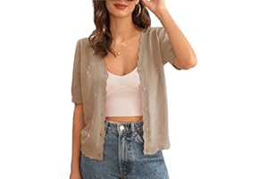 GRACE KARIN Gilet Ajouré à Manches Courtes pour Femme Boléro Uni V-Col Cardigan d'Été Ouverture Bontonnée Haut en Maille Court