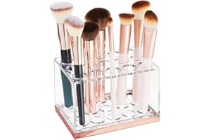 mDesign Organizer na p?dzle do makija?u z 15 przegródkami – Plastikowy stojak na p?dzle – Organizer na kosmetyki do makija?u, szminki, maskary, kredki do oczu – transparentny/ró?owe z?oto