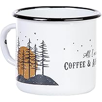 MUGSY Emaille mok, The Adventure Begins, 330 ml, campingbeker, retro design, wit