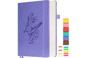 OFFIGIFT Lined Notebook Journal for Women, 312 Numbered Pages A5 Thick Leather Journal, 100gsm Paper Daily Journal for Work Travel, Hardcover College Ruled Notebook, Giftable Butterfly Floral Notebook, Purple