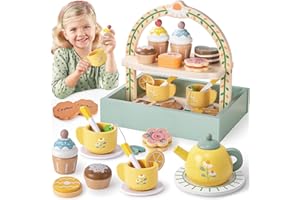 Atoylink 26PCS Wooden Tea Set - Tea Party Set with Wooden Food, Cupcake Stand, Kitchen Accessories - Role Play Toys - Educational Toys for 2-6+ Years Old Girls & Boys