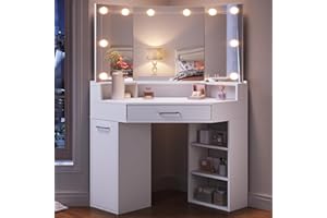 SONNI Eck Schminktisch mit Dreifachspiegel & 3-Farben LED Beleuchtung, 110x54x141.5cm, Kosmetiktisch mit Großer Schubladen, Auszugsschrank, Regale, 3 Offene Fächer, Frisiertisch für Schlafzimmer, Weiß