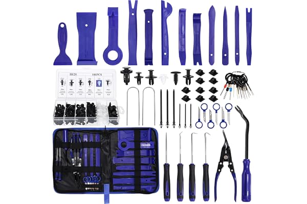 Birshe 158 Pièces Outils De DéMontage De Garnitures Trousse, Outils Demontage Garniture Auto avec Rivet Clips Plastique et Bandes de Câble pour Voiture Porte Panneau Tableau de Bord (Bleu)