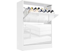 Blisswood High Gloss 2 Drawer Shoe Cabinet Cupboard, Shoe Storage Organiser Freestanding 2 Tier Wooden Shoe Rack Cabinet Modern Footwear Stand For Hallway, Living Room Furniture (White)