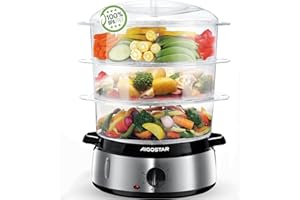 Aigostar Fitfoodie Steel - Vaporera eléctrica 9 L Vaporiera Inox, 3 recipientes Independientes, Temporizador 60 Minutos, Cuenco para Preparar arroz, Livello Di Acqua Visibile, Libre de BPA, 800W