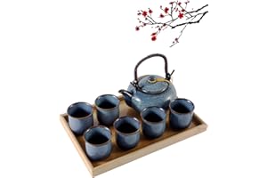 DUJUST Service à thé japonais - 8 pièces, en porcelaine avec 1 théière, 6 tasses et 1 plateau à thé, theiere unique pour adultes, bleu clair