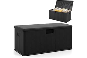COSTWAY 380L Garden Storage Box, Waterproof Resin Deck Box Bench with Lockable Lid & Side Handles, Wood Texture Outdoor Patio Storage Container for Cushion Tool Toy (Black)