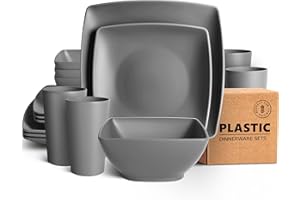 Teivio 16-Piece Kitchen Reusable Plastic Square Dinner Set, Service for 4, Dinner Plate, Dessert Plate, Cereal Bowl, 20 oz Cup, Unbreakable Plastic Plates and Bowls Set, Outdoor Camping Dishes, Grey