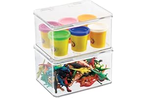 mDesign Set da 2 Contenitore portagiochi – Organizer portagiochi in plastica – Con coperchio ideale per le camerette per bambini – trasparente