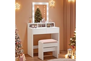 VASAGLE Dressing, LED Lights with Adjustable Brightness, Vanity with Mirror, 2 Drawers and 3 Compartments, Makeup, Modern, White RDT194T14