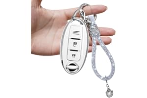 Yumzeco Car Key Case Compatible with N_issan with Bling Diamonds Keychain,3 Buttons Remote Key Case T31 T32 J10 J11 350Z 370Z Juke FX35,TPU Silicone Key Case Cover N_issan Keyless Key Protector-White