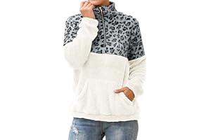 GENERISCH 1/4-Reißverschluss Damen Teddy Pullover Leopardenmuster Warm Sherpa Teddy-Fleece Sweater Damen-Fleece-Pullover Weich gemütlich Oversize Langarmshirt für Frauen Mit Taschen