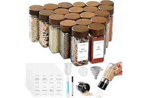 FRIBERG Pot a Epices en Verre et Bois, 20 Pots à Épices de 120ml Bocaux à Épices avec 2 moulins à épices pour le stockage des épices,pot epices verre avec étiquettes à épices