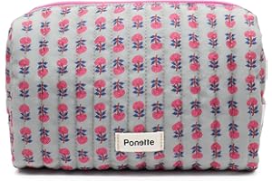 PONETTE - Neceser de Mujer Vive Acolchado Gris Estampado Flores, Cremallera y Tirador Rosa, Forro Gris, Ideal, Viaje, Piscina, Gimnasio, Estuche, Bolsa de Aseo, Marca Española