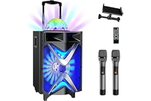 VeGue Casse Karaoke con 2 UHF Microfoni wireless, Woofer da 10 pollici Bluetooth portatile Altoparlante Sistema PA con Palla da discoteca, per la festa, chiesa（VS-1088）