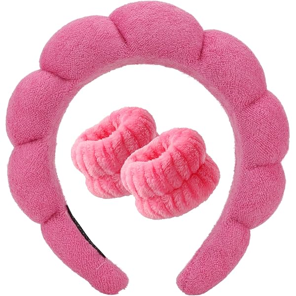 3er Set Spa-Stirnbänder & Wascharmbänder – Weiches Make-up Haarband Und Schweißbänder Für Damen, Rosa