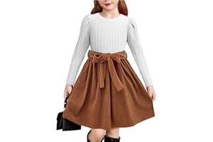 Arshiner Vestidos de Manga Larga abullonados para niña, Punto Acanalado, Patchwork de Cuadros, Princesa Informal, Vestido Formal, Vestidos de otoño Invierno con Bolsillos para niña, 4-14 años