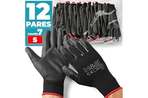 ISC Hygiene & Safety 12 pares de guantes de trabajo, nylon, revestimiento de PU; en tallas pequeña (7), media (8), grande (9), XL (10), XXL (11); sin costuras, versátil, negro, S (7)