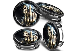 SkinoEu 4 x 75mm Wheel Centre Alloy Hub Center Caps Compatible for Part Numbers B66470207 / B66470200 Hubcaps Black Skull Middle Finger Silver CM 25