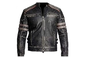 AKSAH FASHION Veste de moto en cuir vieilli pour homme Noir
