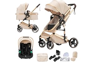 Shineey 3-in-1 Pushchair, Everyday Buggy, Foldable Pushchair Set, Combination Pushchair 3-in-1 with Large Comfortable Baby Carrycot Frame, Aluminium Alloy (H9 Beige, H9)