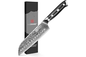 KEEMAKE Couteau Cuisine Santoku Japonais 18cm, Couteau de Cuisine Professionnel en Acier Damas 67 Couches pour Saumon Viande Restaurant