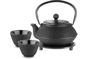 Velaze Teekanne im japanischen Stil, Teekessel aus Gusseisen, Tee Pot mit Teesieb, Basis und Teebecher (2 Tassen), 700mL, Schwarz