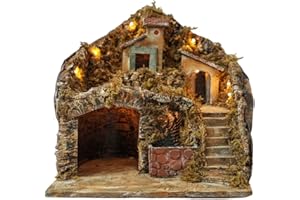 Mondo in Casa Illuminated Nativity Scene with Cabin and Cave for Craft Figures with Waterfall Complete with Scooter