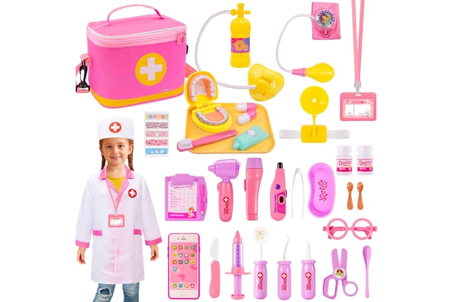 WIKITOT Doctors Set for Kids, Dentist Toys with Teeth, Doctor Costume for Boys Girls Age 3 4 5 6 Year Old, Doctor Role Play Toys for Kids Birthday Gifts(Pink)