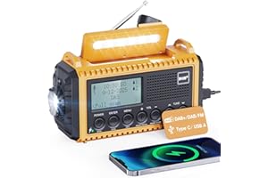 MESQOOL Radio manovella DAB/FM con batteria 5000mAh, radio solare portatile,LED e luce di lettura,radio DAB+ da cantiere IPX4, radio di emergenza e allarme SOS Adatto per escursionismo, campeggio, all'aperto