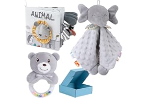 MEGASER 3 PCS Set Regalo Bebé Recién Nacido Niño y Niña, Manta Doudou Bebé y Peluche + Libro Bebé Sensorial Texturas Blando + Sonajero Bebé, Regalo Bebé Recién Nacido 0 6 12 meses Original (Pack 3 productos)