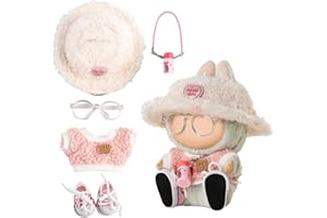 Chritice 5PCS Doll Clothes for Doll,Compatible with Labubu,Vinyl Plush Toy Pink Outfit Set Accessories for 17CM Dolls,1 Hat,Sweater,Water Bottle,Shoes & Glasses,No Dolls