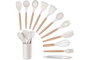Herogo Kitchen Utensils Set, 12 Pieces Silicone Cooking Utensil with Holder, Heat Resistant Wooden Handle Spatula Turner Spoon for Non-Stick Cookware Pan, Easy to Clean, Khaki