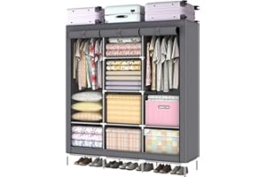 LOEFME Portable Grey Fabric Canvas Wardrobe for Bedroom Furniture T160B Fabric Durable Stylish Clothes Storage Wardrobes with 2 Hanging Rail Large Size 130×45×175cm